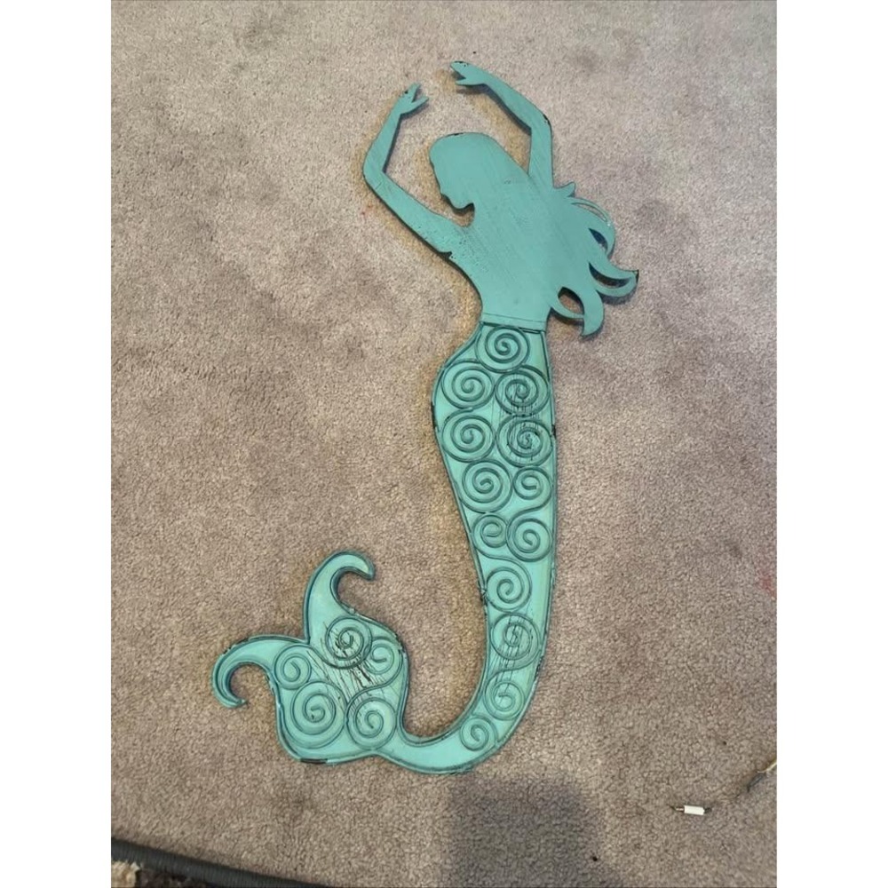 Teal Wood Mermaid Wall Decor Distressed Coastal Nautical Art 27in